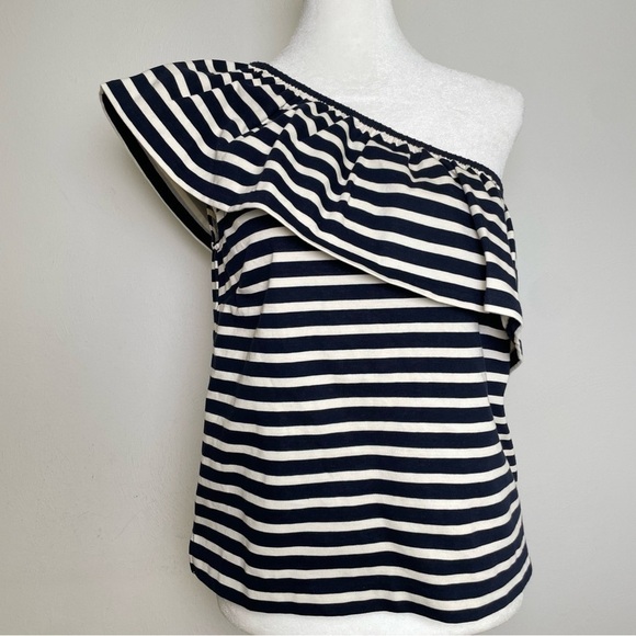 J. CREW Nautical Stripe One Shoulder Bold Ruffle Navy White Cotton Top Blouse XS - Picture 2 of 8